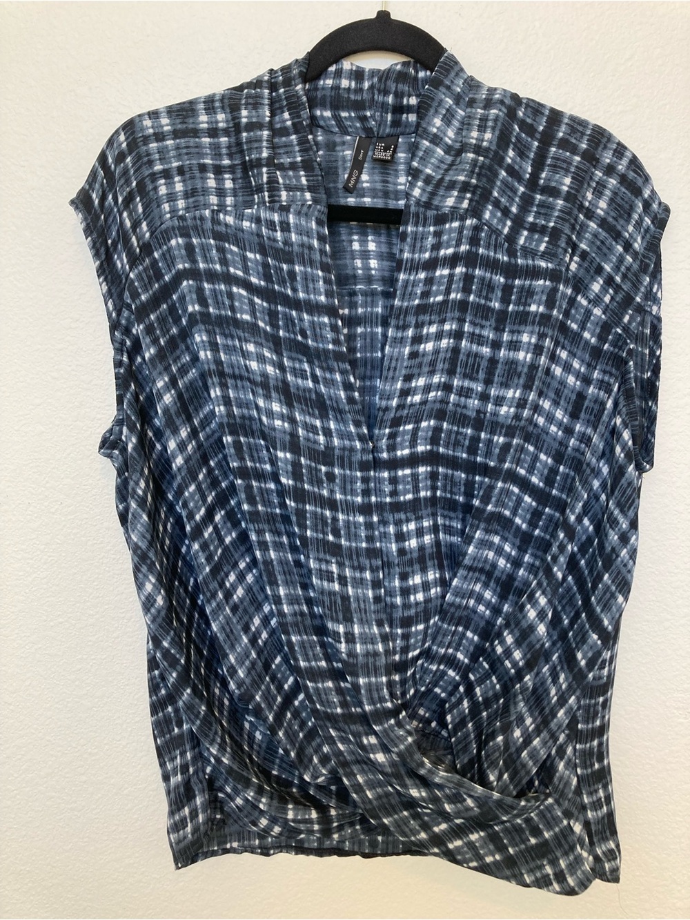 Mango Navy Blue Plaid Twist-Front Sleeveless Blouse
